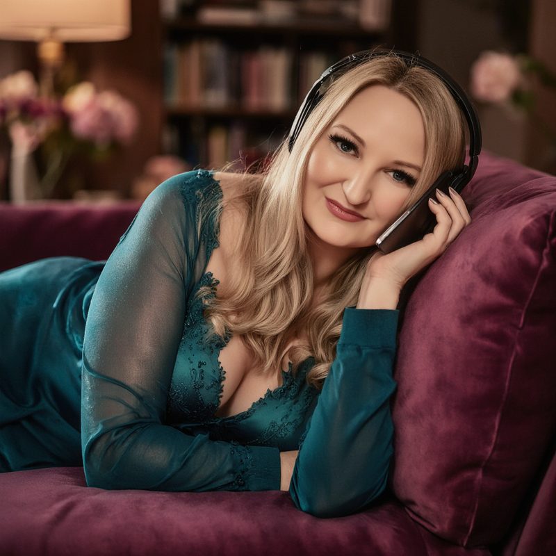 Ayesha Hilton relaxing on a velvet sofa wearing headphones